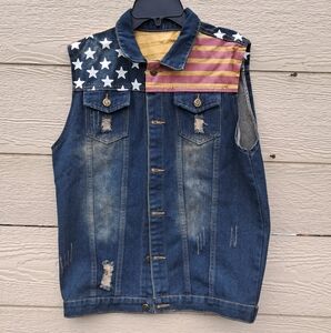 New Tang Ku Mens American Flag USA Dark Denim Biker Vest Sz L Distressed Patriot